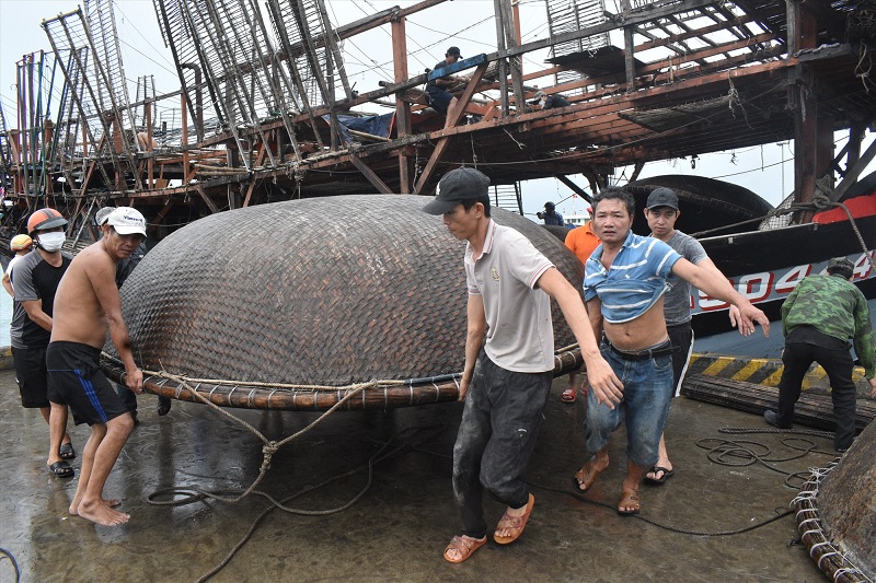 Ngư dân Núi Thành - Quảng Nam đưa tàu thuyền vào bờ trú bão. (Ảnh: Báo Quảng Nam).