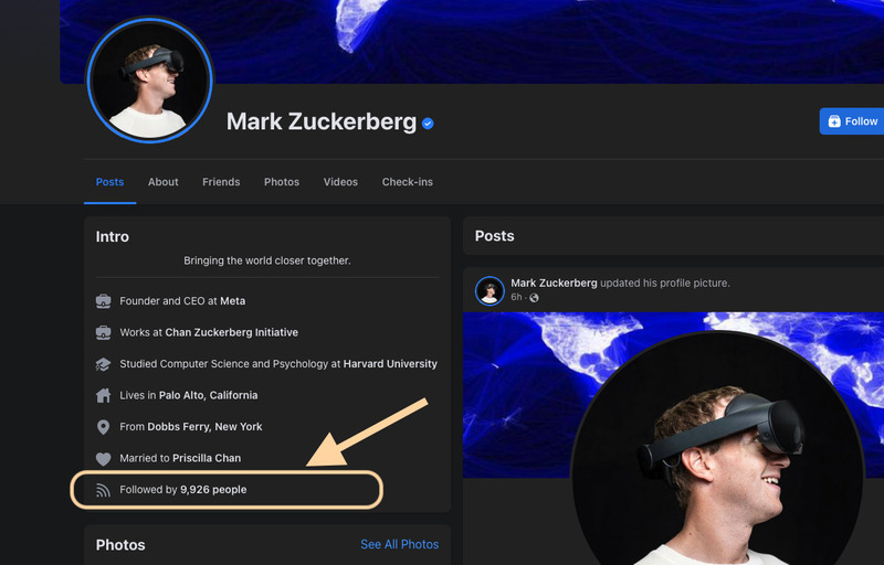 Facebook của Mark Zuckerberg cũng bị hạ số người theo dõi xuống dưới 10.000 người