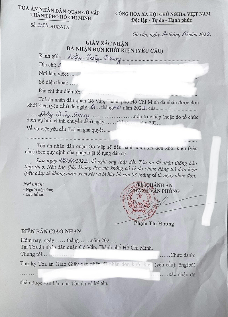 Bà Đặng Thùy Trang đã gửi đơn kiện hoa hậu Hòa bình Quốc tế 2021 Nguyễn Thúc Thùy Tiên lên Tòa án Nhân dân quận Gò Vấp (TP.HCM).