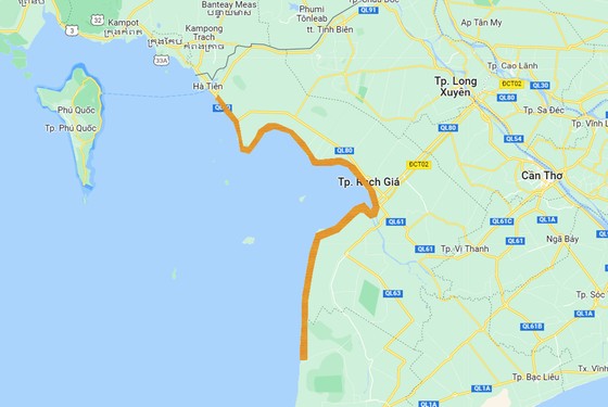 Hướng tuyến của dự án đường ven biển Tây thuộc tỉnh Kiên Giang. Đồ họa: Quốc Bình