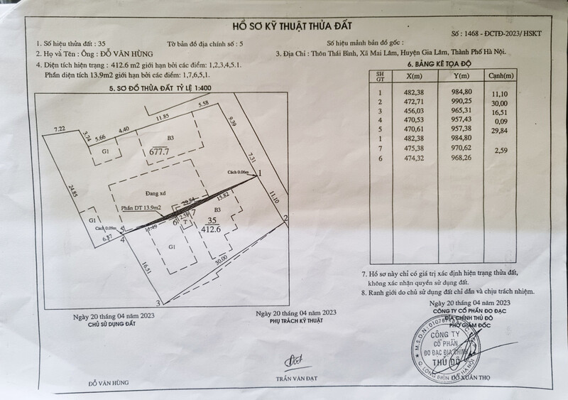 Kết quả đo đạc phần đất gia đình ông Hùng và ông Dũng do Công ty Cổ phần đo đạc địa chính Thủ đô thực hiện.
