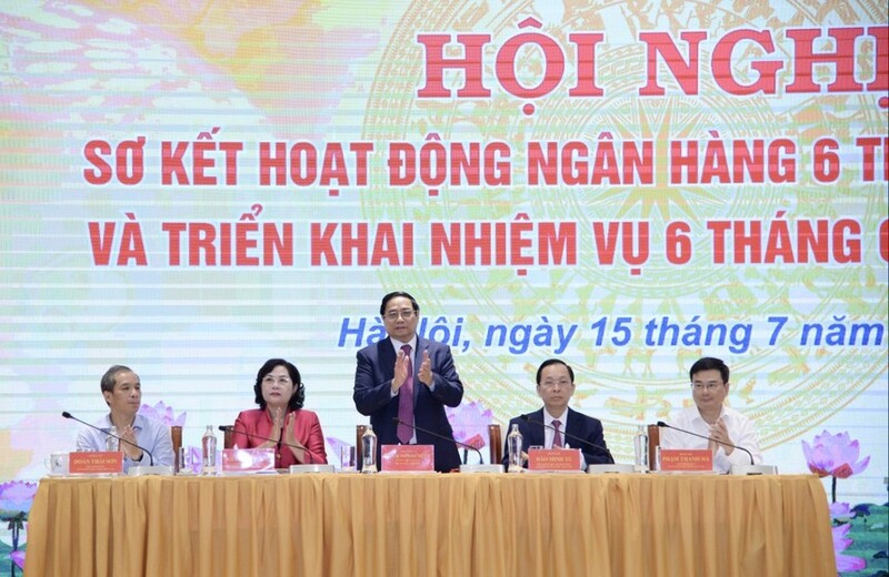 Thủ tướng Phạm Minh Chính dự hội nghị ngành ngân hàng ngày 15/7. (Ảnh: NHNN)