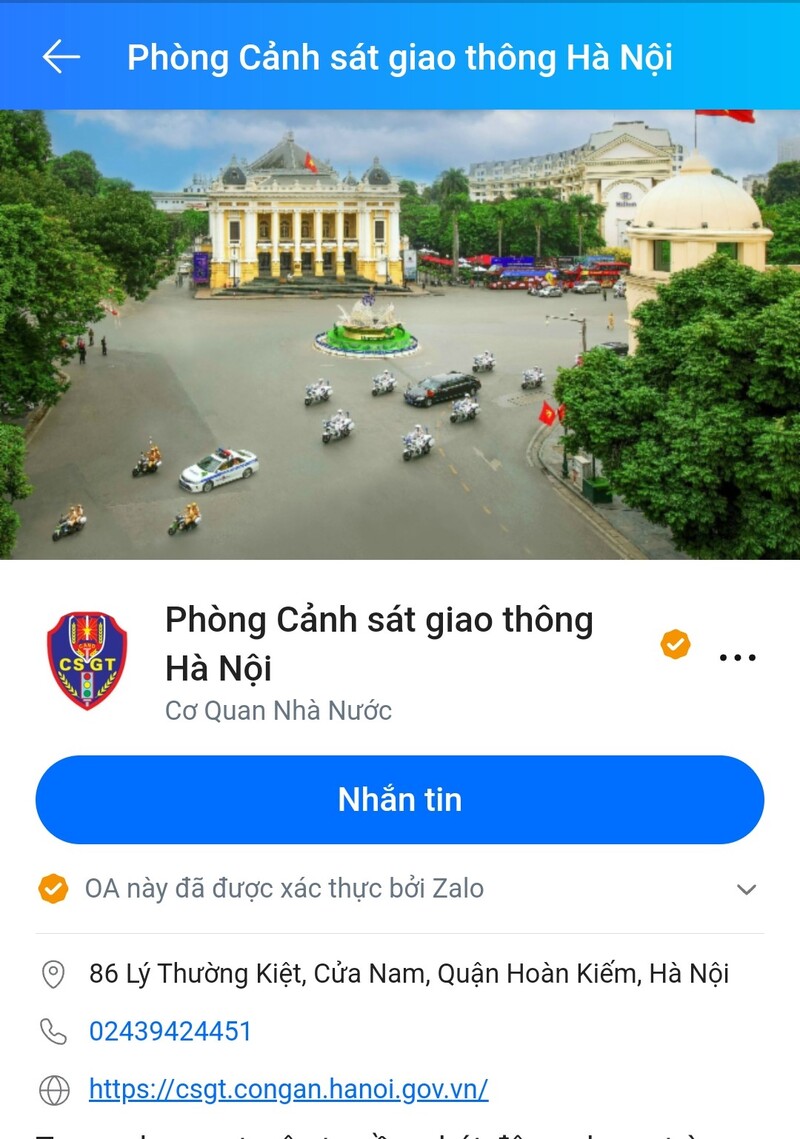 Giao diện trang mạng xã hội Zalo của Phòng CSGT Công an TP.Hà Nội.