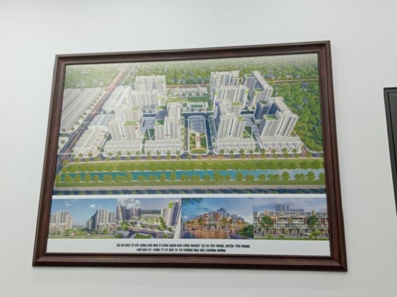 Phối cảnh Dự án Đầu tư xây dựng khu nhà ở công nhân khu công nghiệp (xã Yên Trung, huyện Yên Phong, tỉnh Bắc Ninh) được Công ty cổ phần đầu tư và thương mại Bắc Chương Dương trưng bày tại trụ sở.