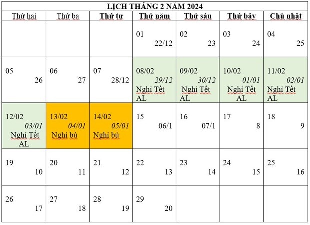 Lịch nghỉ Tết Nguyên đán Giáp Thìn 2024.