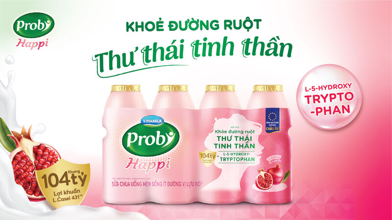 Sản phẩm sữa chua uống men sống Probi Happi của Vinamilk chứa hàng tỷ lợi khuẩn L.Casei 431TM và bổ sung L-5-Hydroxytryptophan giúp khỏe đường ruột - thư thái tinh thần.