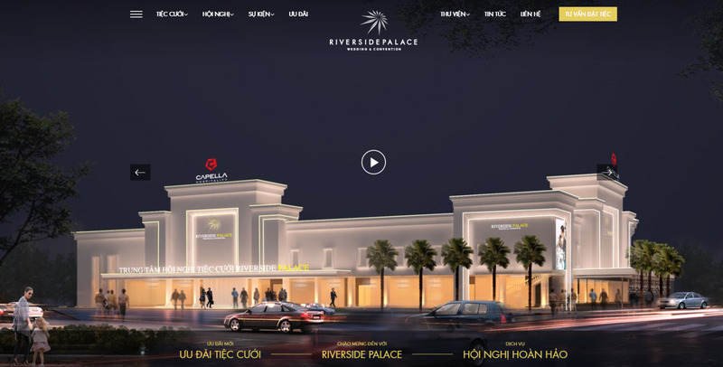 Hình ảnh website quảng cáo về Trung tâm hội nghị - tiệc cưới Riverside Palace (360 – 360D Bến Vân Đồn, Phường 1, Quận 4) của chủ đầu tư là Công ty CP Thương mại và Dịch vụ Lâu Đài Ven Sông.
