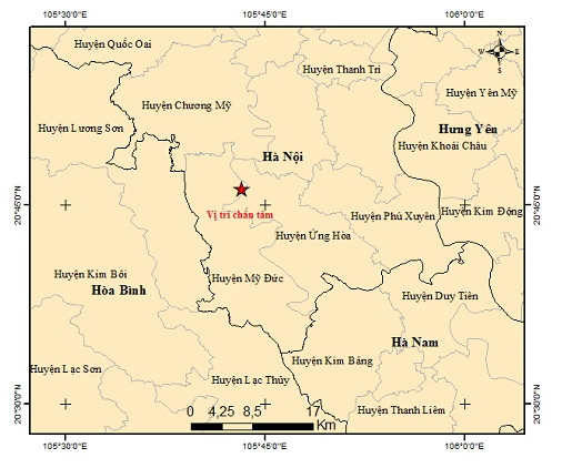 Bản đồ chấn tâm trận động đất xảy ra tại huyện Mỹ Đức, thành phố Hà Nội. (Nguồn: Viện VLĐC)
