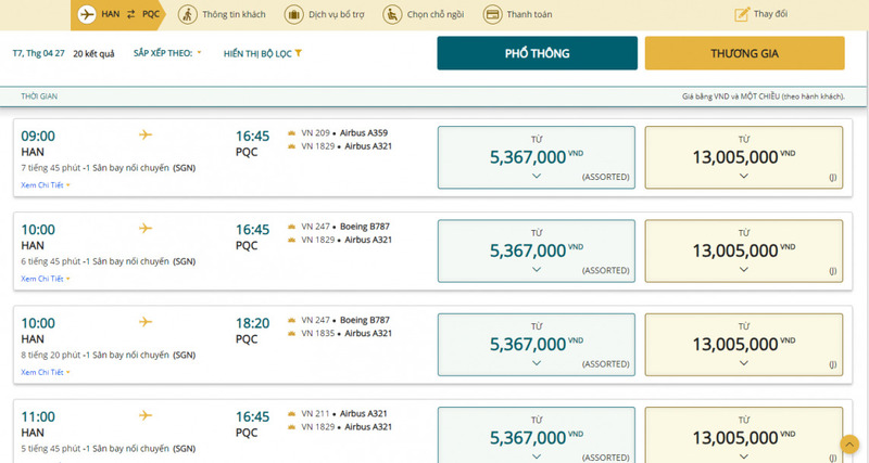 Giá vé hạng thương gia chặng Hà Nội - Phú Quốc dịp lễ 30/4-1/5 lên tới 13 triệu đồng/vé