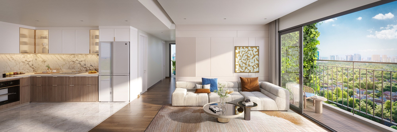Thiết kế nối liền không gian bếp và phòng khách mang đến cảm giác rộng rãi, thoải mái cho căn hộ