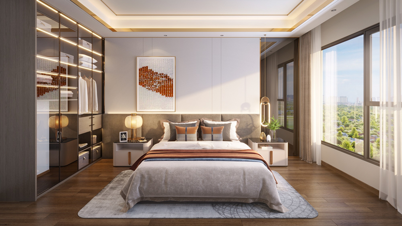 Phòng ngủ master được bài trí khéo léo, tinh tế, không gian chan hòa với tự nhiên