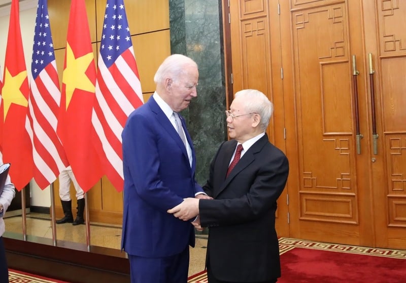 Tổng Bí thư Nguyễn Phú Trọng và Tổng thống Hoa Kỳ Joe Biden tại Hà Nội ngày 10/9/2023.