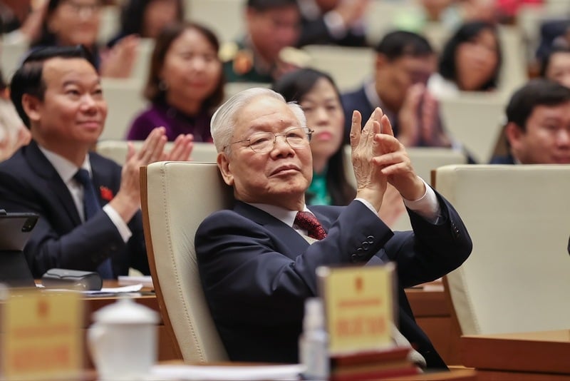 Tổng Bí thư Nguyễn Phú Trọng dự Hội nghị tổng kết năm và triển khai kết luận của Trung ương, Nghị quyết của Quốc hội khoá 15 về kế hoạch phát triển KTXH, ngày 3/1/2023.