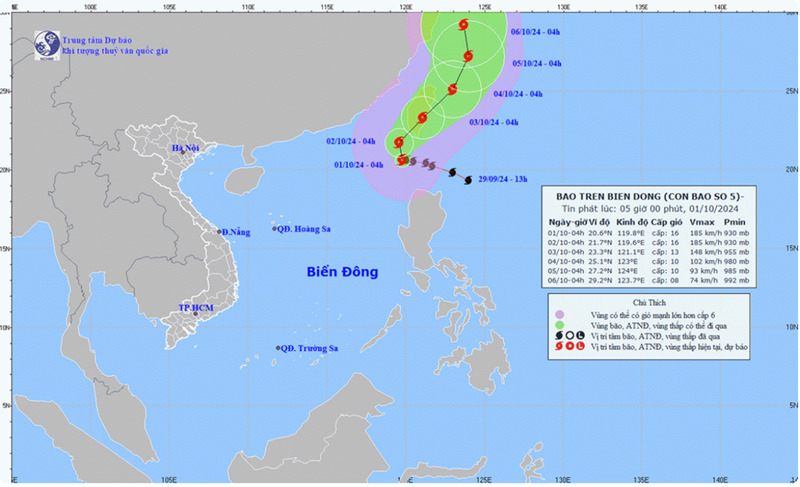  Hướng đi của cơn bão. Ảnh: Trung tâm Dự báo Khí tượng Thủy văn Quốc gia