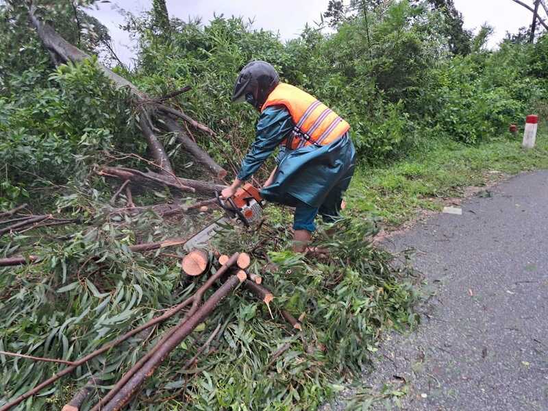  Lực lượng chức năng xử lý cây gãy đổ trên Quốc Lộ 1A đoạn qua xã Lộc Sơn và trên Quốc lộ 49B đoạn qua xã Lộc Bình, huyện Phú Lộc, tỉnh Thừa Thiên Huế. Ảnh: Trung tâm Văn hóa Thông tin và Thể thao huyện Phú Lộc