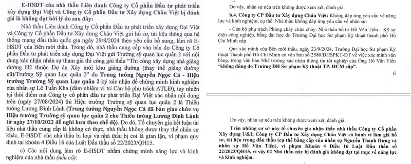 Liên tiếp phát hiện liên danh Công ty CP Đầu tư Xây dựng Châu Việt, Công ty CP Đầu tư Phát triển Xây dựng Đại Việt có hành vi sử dụng nhân sự có bằng đại học sư phạm và văn bản xác nhận do Trung tướng, Hiệu trưởng Trường sỹ quan Lục quân 2 ký có dấu hiệu giả mạo.