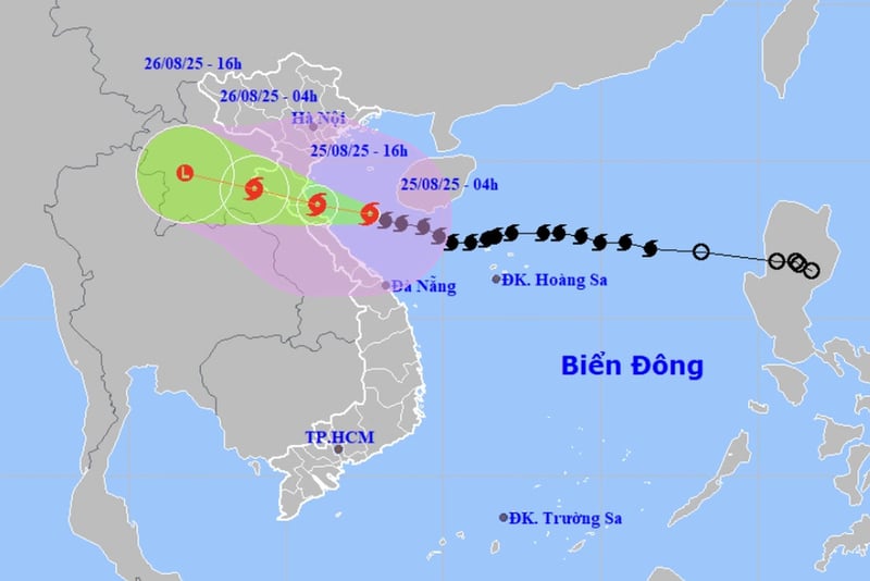 Bão Kajiki sẽ đổ bộ đất liền khu vực Bắc Hà Tĩnh đến Nam Thanh Hóa từ trưa đến chiều tối 25/8 (Ảnh: NCHMF).