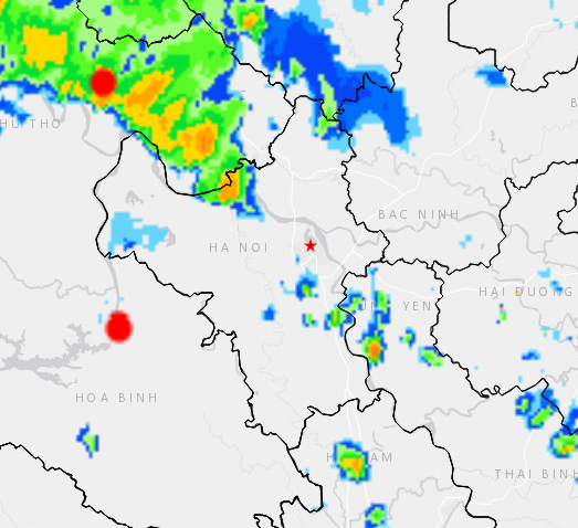 Ảnh radar thời tiết Thủ đô Hà Nội cập nhật lúc 16h30 chiều nay - Ảnh: Trung tâm Dự báo Khí tượng thuỷ văn quốc gia.