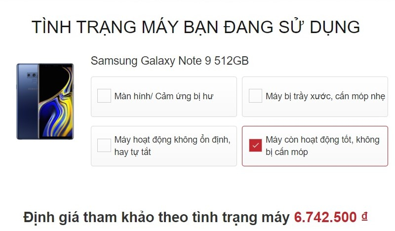Mức mua vào của Samsung Note 9 512GB chưa đến 7 triệu đồng. Ảnh chụp màn hình.