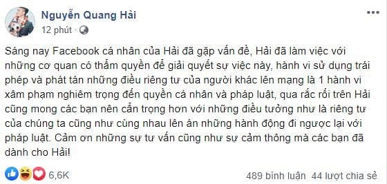 Quang Hải thông báo việc bị hack facebook.