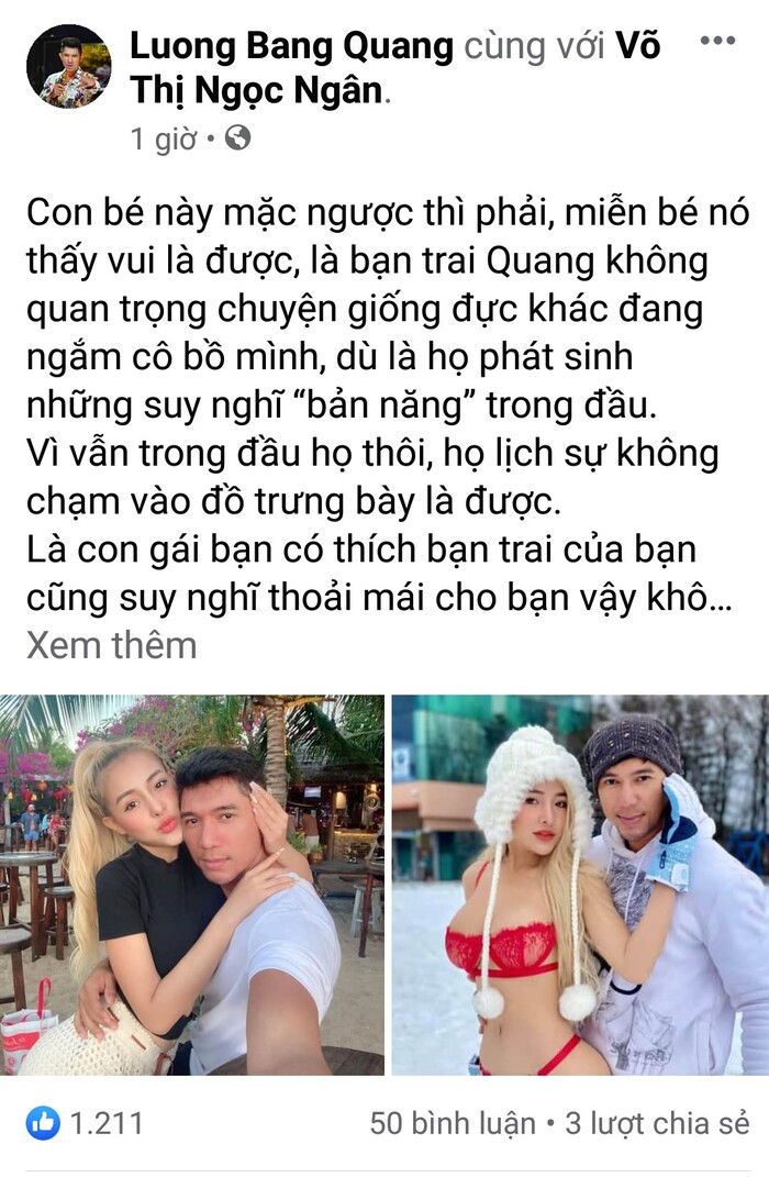 Lương Bằng Quang chia sẻ về việc Ngân 98 ăn mặc gợi cảm.