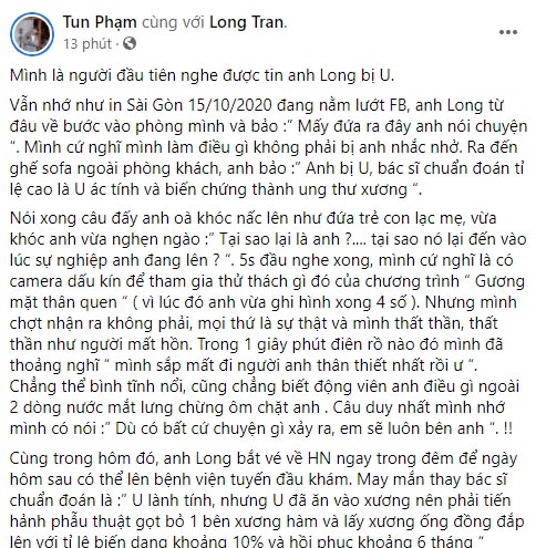 Bài đăng của Tun Phạm về tình hình bệnh của Long Chun