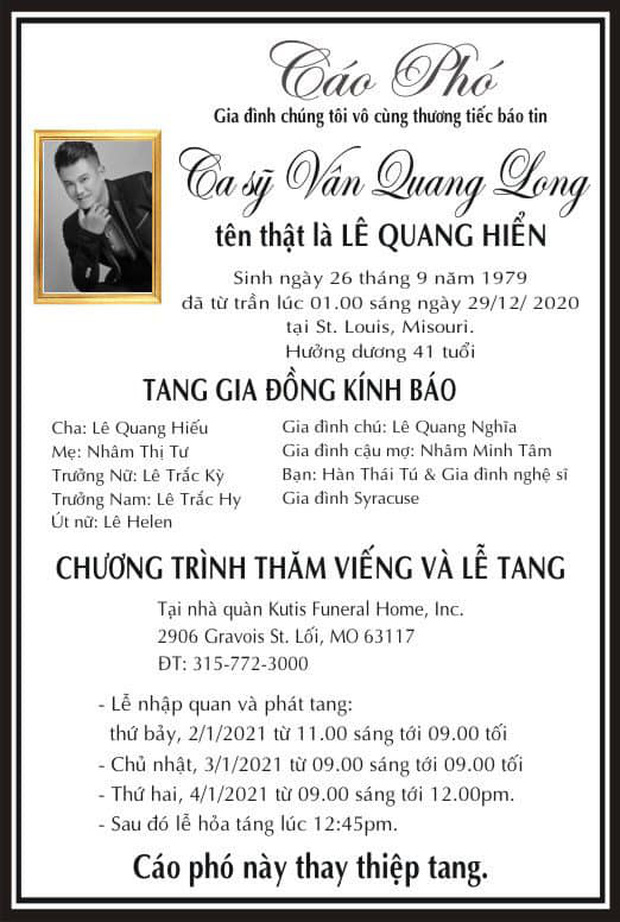 Cáo phó tang lễ NS Vân Quang Long tại Mỹ