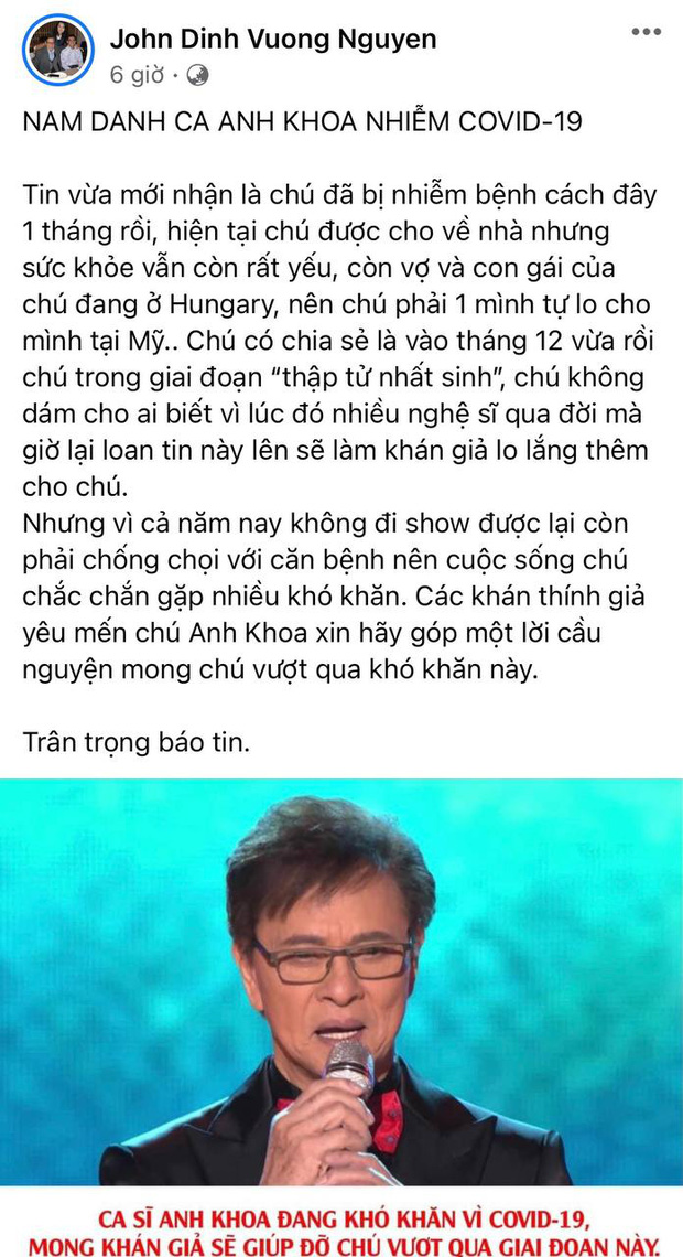 Con trai MC Nguyễn Ngọc Ngạn bất ngờ thông báo tin ca sĩ Anh Khoa mắc Covid-19