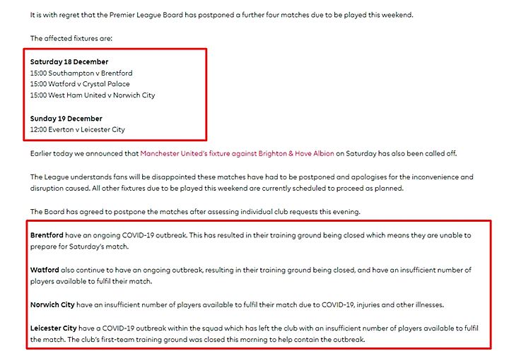 Trang chủ Premier League đưa tin về việc tạm hoãn các trận bóng đá