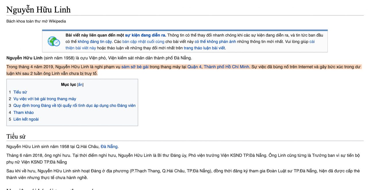 Tiểu sử và thông tin liên quan tới ông Nguyễn Hữu Linh trên Wikipedia tiếng Việt. Ảnh chụp màn hình