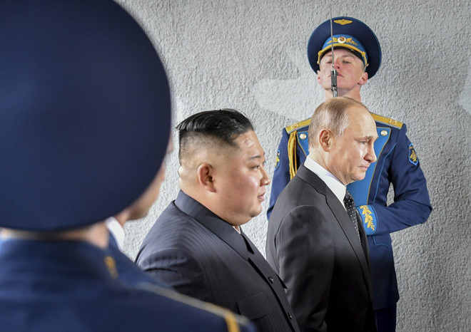 Tổng thống Nga Putin và lãnh đạo Triều Tiên Kim Jong Un tại Nga ngày 25/4.
