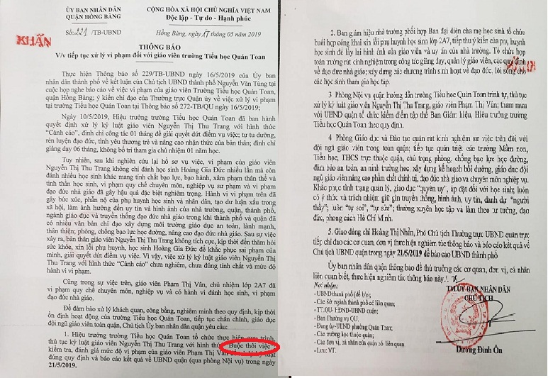 Biên bản yêu cầu xử lý buộc thôi việc với cô giáo đánh học sinh tiểu học của Chủ tịch UBND quận Hồng Bàng.