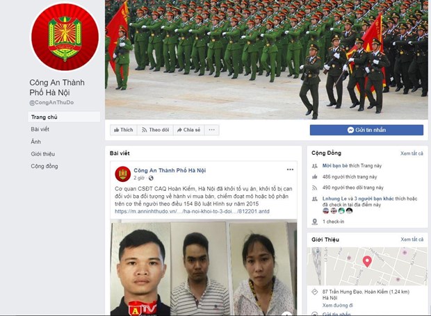 Trang mạng xã hội Facebook  tiếp nhận tin báo tội phạm, an ninh trật tự của Công an thành phố Hà Nội (Ảnh chụp màn hình)