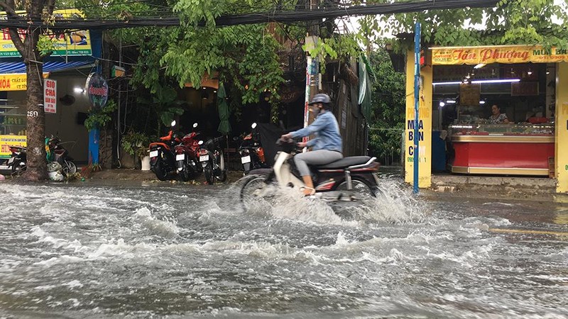 Trên đường Nguyễn Văn Quá (phường Đông Hưng Thuận, quận 12) nước dâng cao chảy xiết từ các con hẻm bên trong ra nhưng một số cống thoát bị rác chèn lấp nên không thoát được.