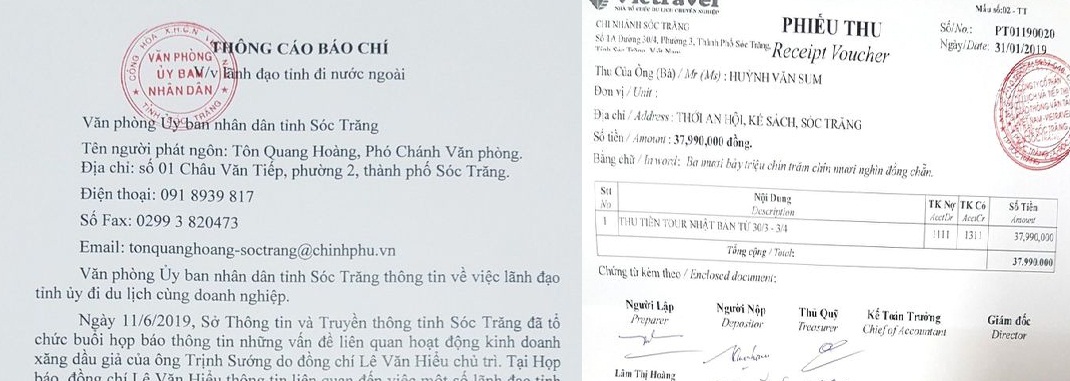 Thông cáo báo chí của Văn phòng UBND tỉnh Sóc Trăng và phiếu thu của ông Huỳnh Văn Sum với công ty du lịch cho chuyến đi Nhật.