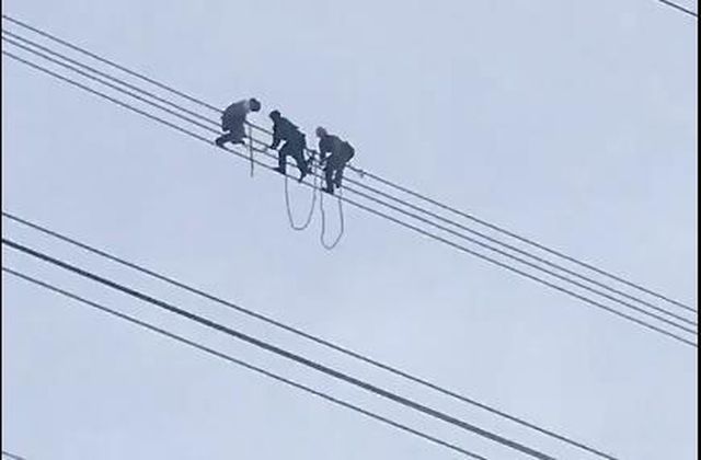 Hình ảnh lực lượng chức năng giải cứu nam thanh niên nghi ngáo đá trèo đường dây điện cao thế ở Sơn La. (Ảnh: fb).