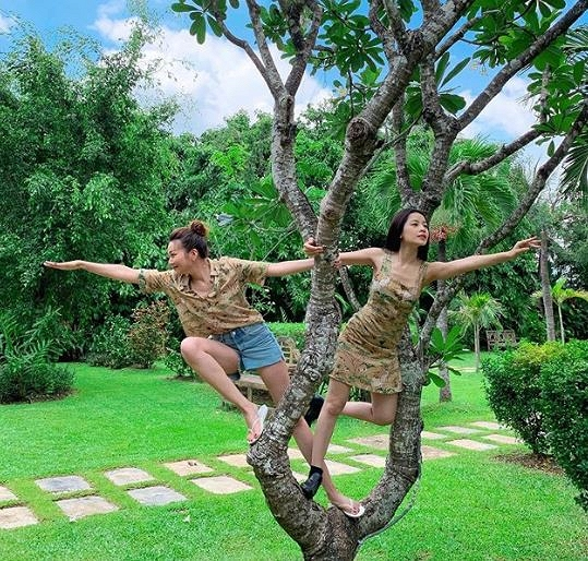 Chi Pu và Thanh Hằng tạo dáng hài hước trên cây khiến fan hâm mộ thích thú. 