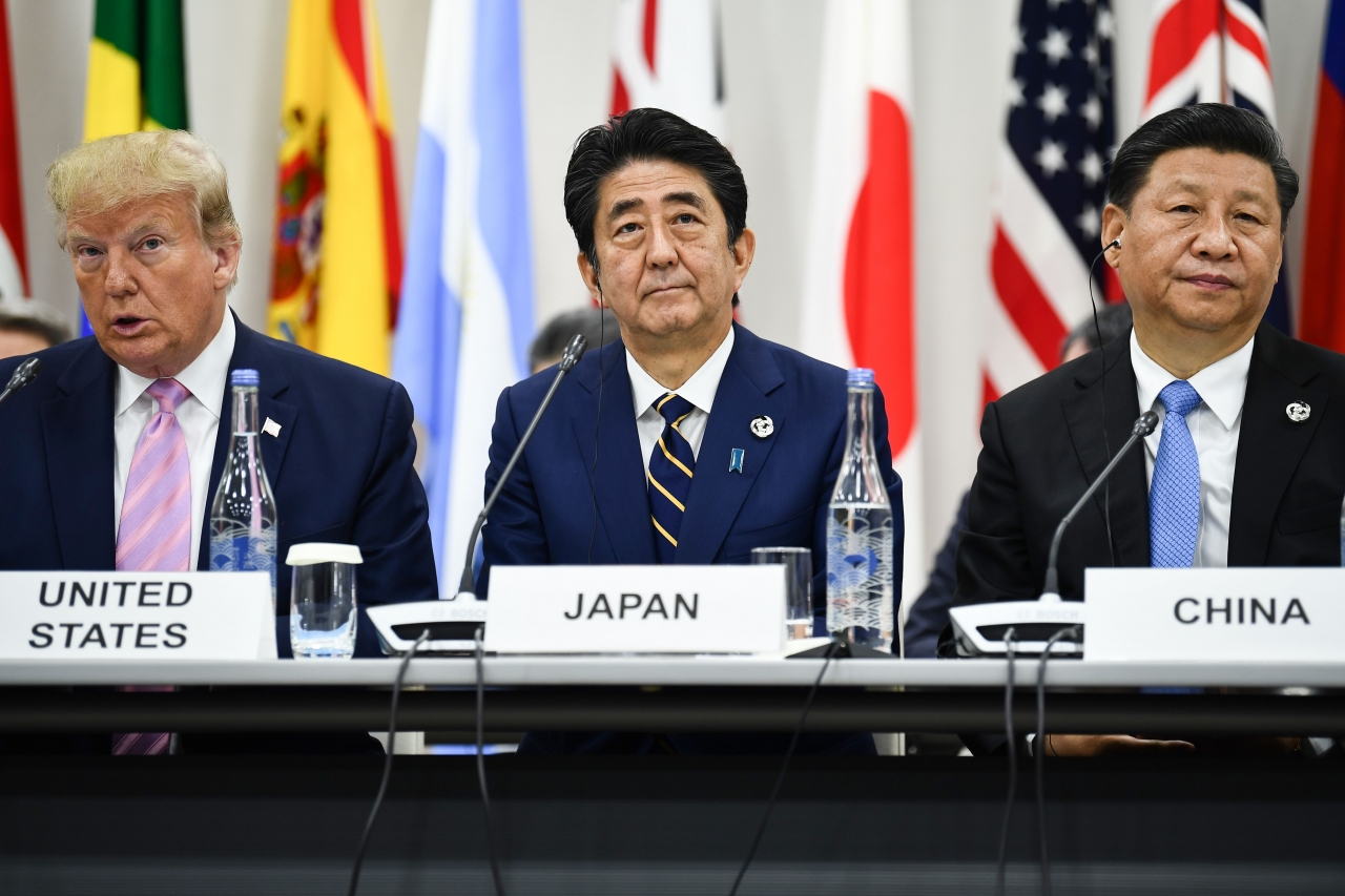 Các nhà lãnh đạo Mỹ, Nhật, Trung trong cuộc họp G20 sáng 28/6 ở Osaka.