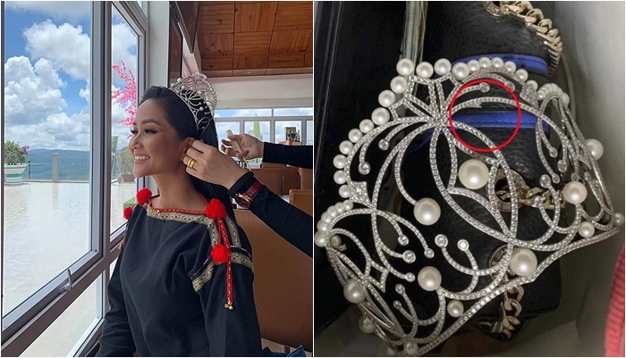 H'Hen Niê làm gãy một nhánh đính kim cương và ngọc trai trên vương miện Hoa hậu Hoàn vũ Việt Nam. Người đẹp bày tỏ: 