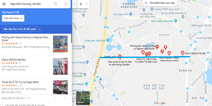 Hiện tại trên Google Maps đã xóa tên đường Ngô Minh Dương nhưng khi tra vẫn hiện ra gợi ý với các điểm đỏ trên bản đồ (màu xanh). (Ảnh: Chụp màn hình).