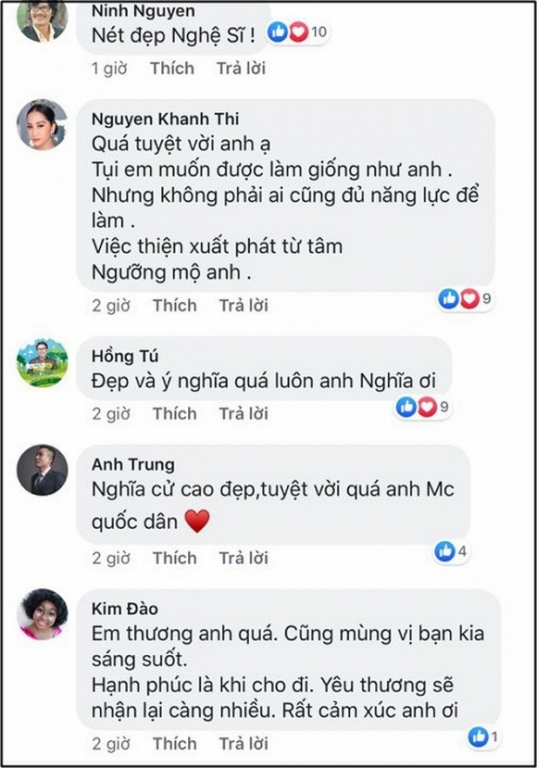 Sao Việt hết lời ca ngợi hành động nhân văn của MC Đại Nghĩa khi quyết định quyên hết số tiền thắng gameshow (hơn 800 triệu động) để làm từ thiện. 