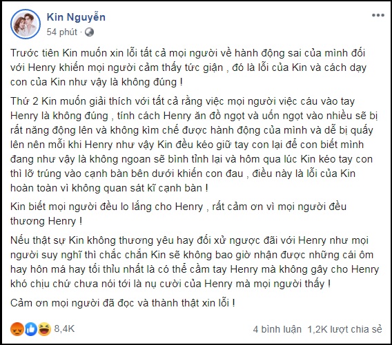 Kin Nguyễn gửi lời xin lỗi sau sự việc. 