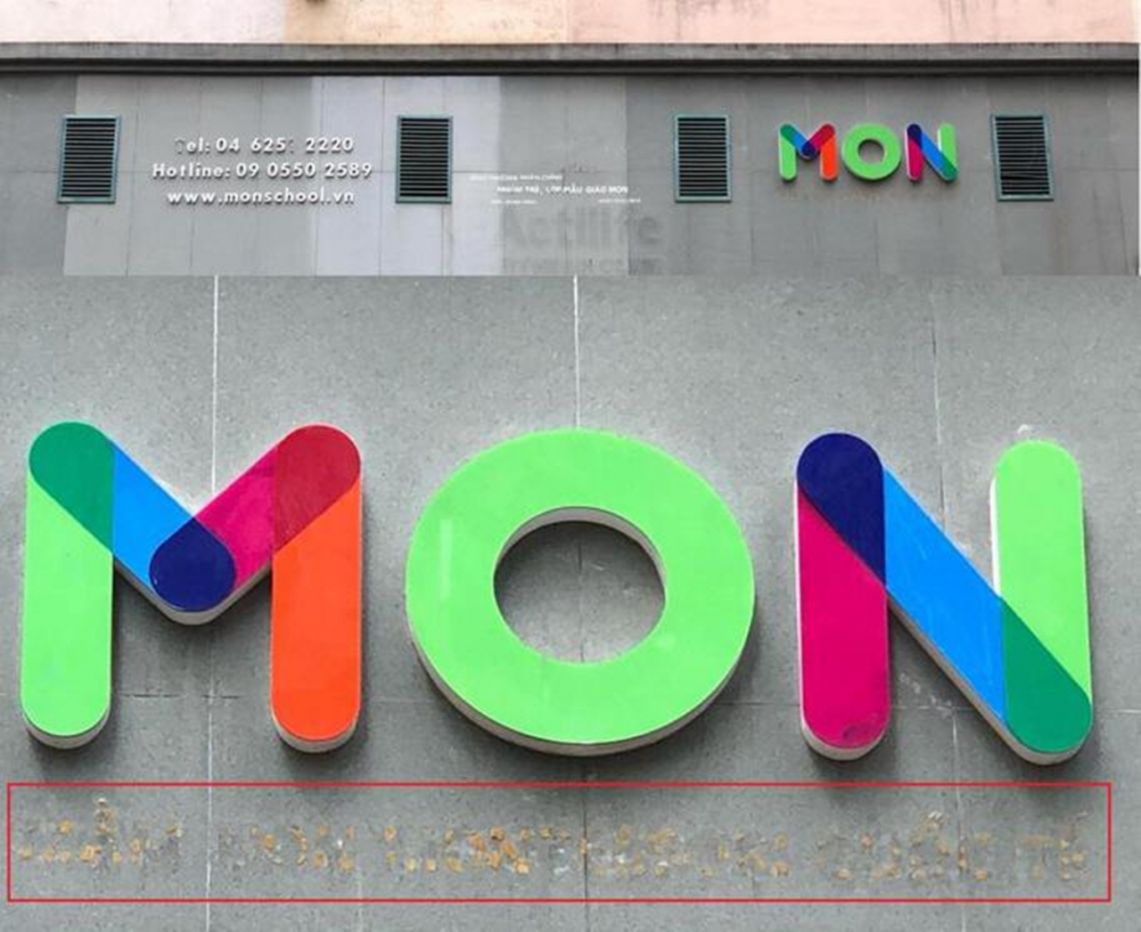 Trường Mầm non Montessori (ở Khu đô thị Trung Hòa Nhân Chính, quận Thanh Xuân, Hà Nội) cũng xóa bỏ dòng chữ tiếng Anh trên biển hiệu của trường. (Ảnh: Người Lao Động).