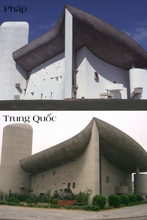 Nhà thờ Ronchamp của Pháp cũng được tái hiện tại thành phố Trịnh Châu, tỉnh Hà Nam nhưng công trình đạo nhái này đã phải dỡ bỏ sau phản ứng dữ dội từ hội Le Corbusier của kiến trúc sư nổi tiếng người Thuỵ Sĩ Charles-Édouard Jeanneret - người đã thiết kế Ronchamp bản gốc.