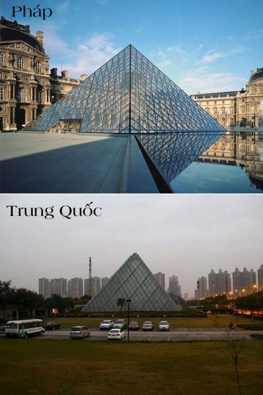 Kim tự tháp kính Louvre được xây theo yêu cầu của Tổng thống Pháp François Mitterrand vào năm 1983 nay cũng được “bê sang” tỉnh Trùng Khánh, Trung Quốc.