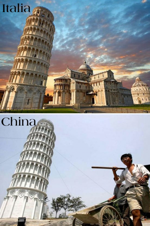 Tháp nghiêng Pisa của Italia cũng là một trong những công trình kiến trúc nổi tiếng thế giới bị Trung Quốc đạo nhái. Tuy nhiên, tháp nghiêng Pisa của Trung Quốc phải có 4 dây kéo để giữ độ nghiêng cho tháp.