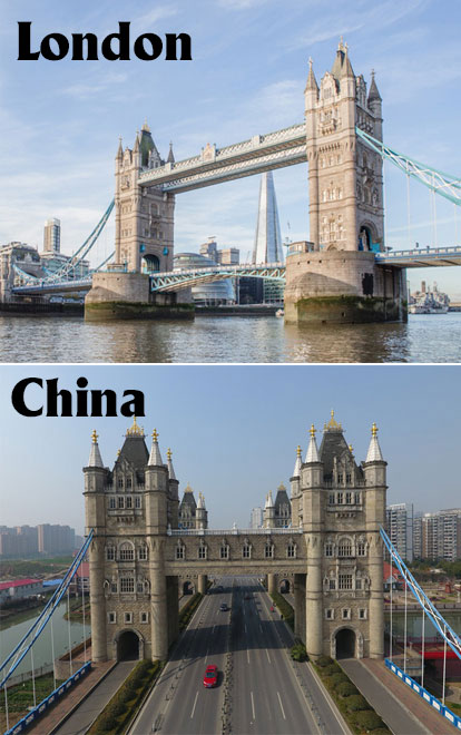 Cầu Tháp London “nhái” được xây dựng ở tỉnh Giang Tô, Trung Quốc còn to gấp đôi phiên bản thật với chiều cao khoảng 40m, có 4 tòa tháp. Trong khi đó, cầu “xịn” ở Anh chỉ có 2 tòa tháp. Tổng chi phí cho cầu Tháp London “nhái” ước tính lên tới 11,44 triệu USD.