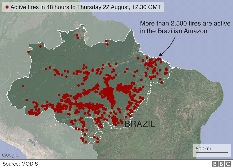 Các vụ cháy rừng Amazon ở Brazin hôm 22/8.