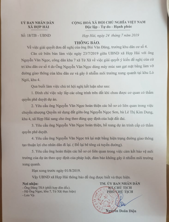 Thông báo của UBND xã Hợp Hải về việc phản ánh của người dân về khu chợ do ông Ngọc xây dựng.