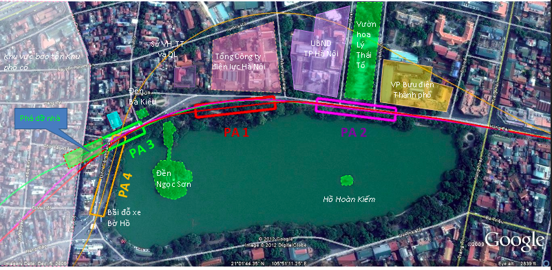 Đoạn ga ngầm C9 đi qua khu vực Hồ Gươm thuộc dự án đường sắt Nam Thăng Long - Trần Hưng Đạo đang gây tranh cãi. (Ảnh: Google maps).